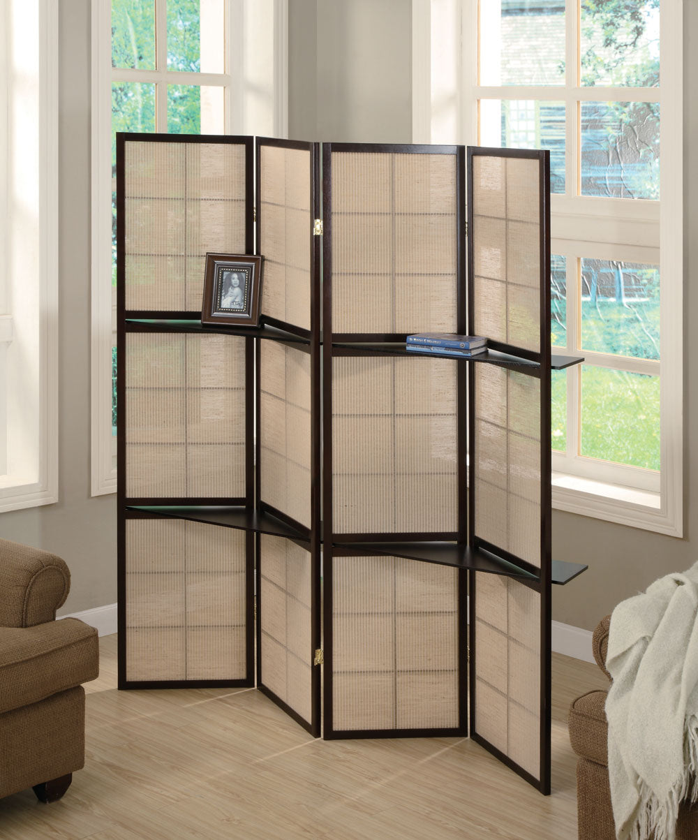 Iggy 4-panel Folding Screen with Removable Shelves Tan and Cappuccino