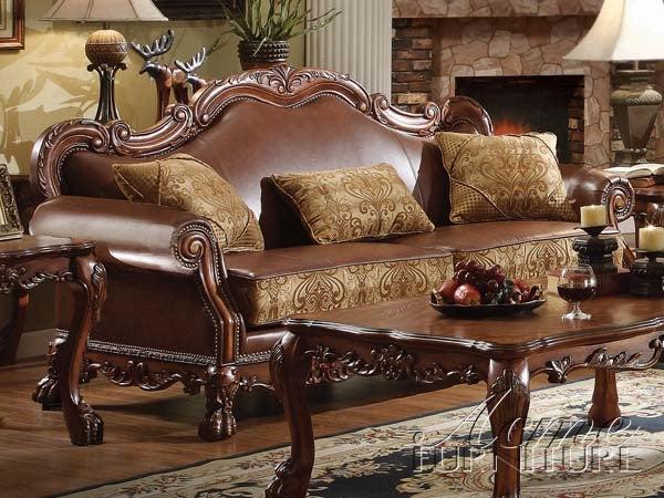 Dresden Brown PU & Chenille, Cherry Oak Sofa w/3 Pillows image