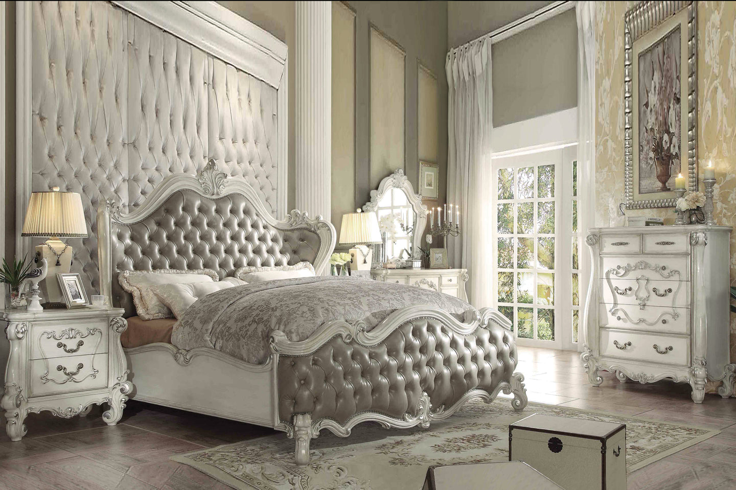 Versailles Vintage Gray PU & Bone White California King Bed