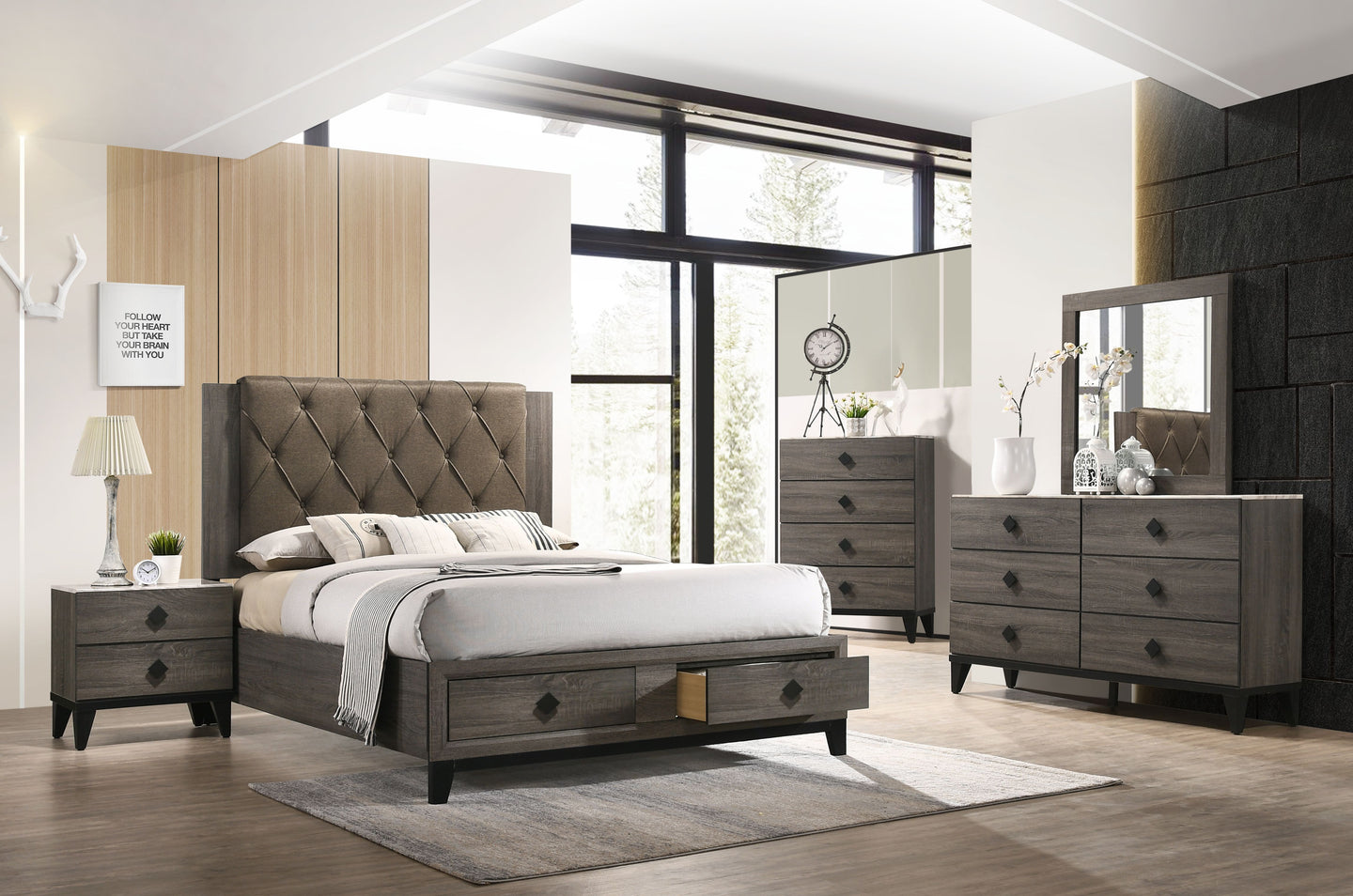 Avantika Fabric & Rustic Gray Oak Eastern King Bed (Storage)
