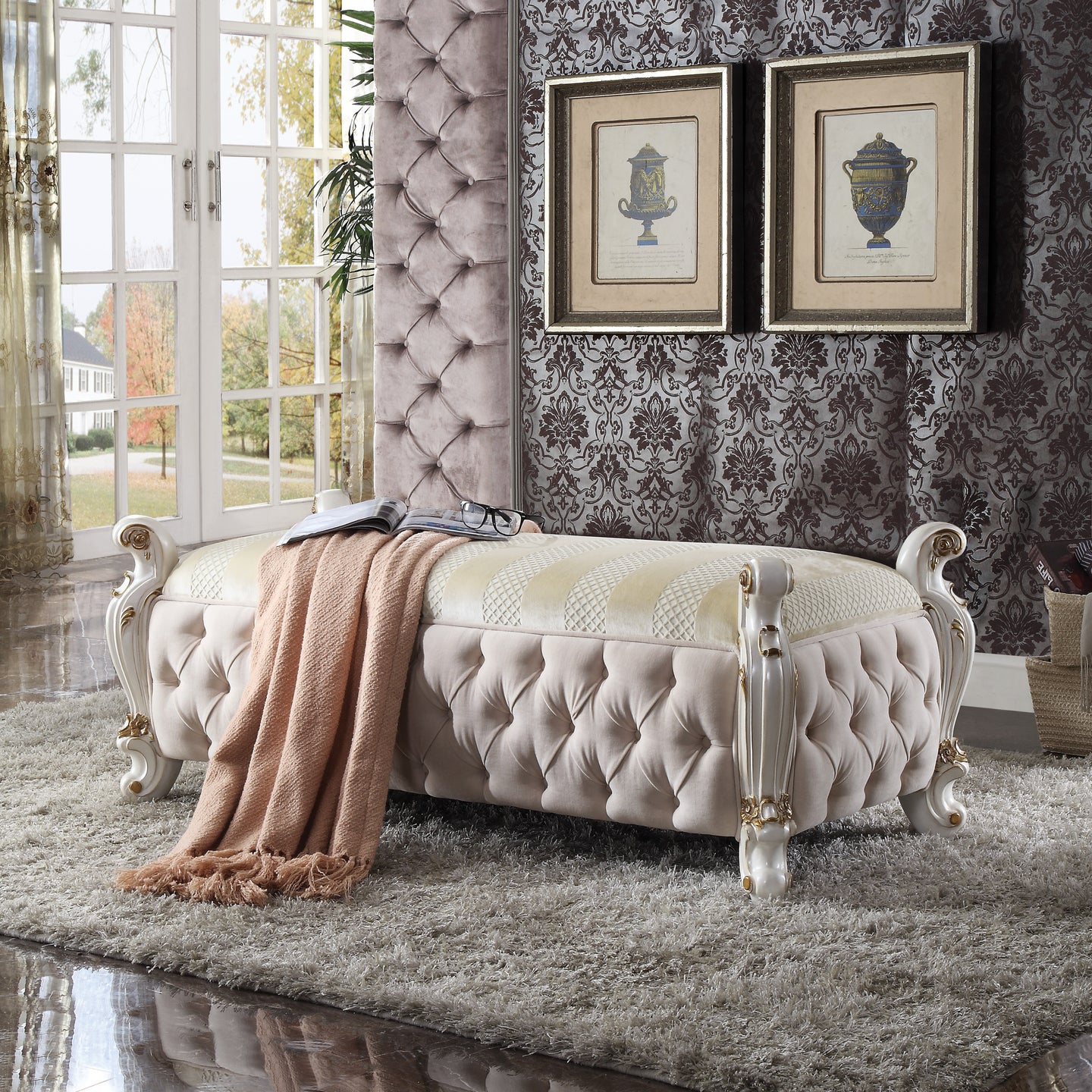 Picardy Fabric & Antique Pearl Bench