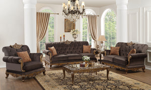 Orianne Charcoal Fabric & Antique Gold Sofa w/2 Pillows