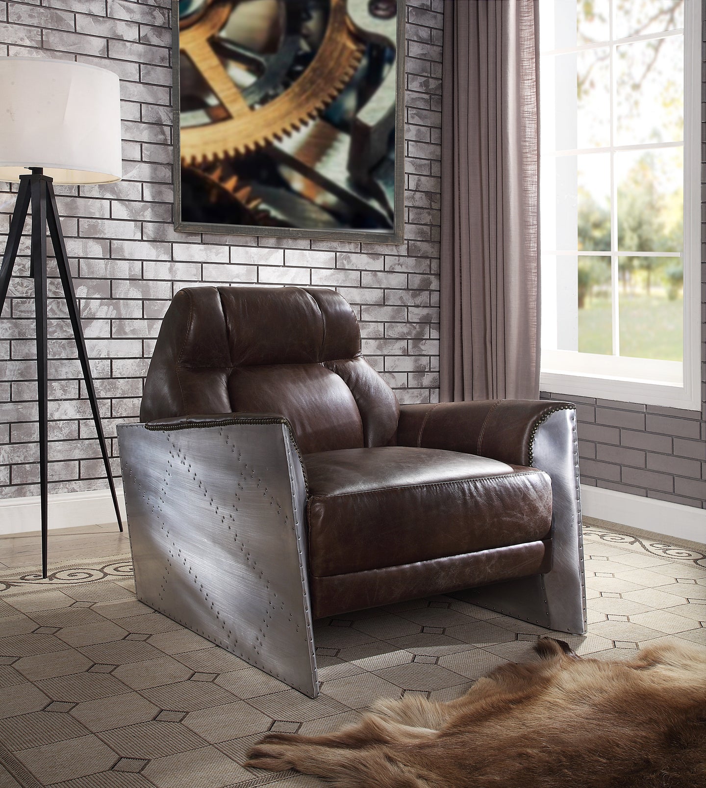 Brancaster Espresso Top Grain Leather & Aluminum Accent Chair