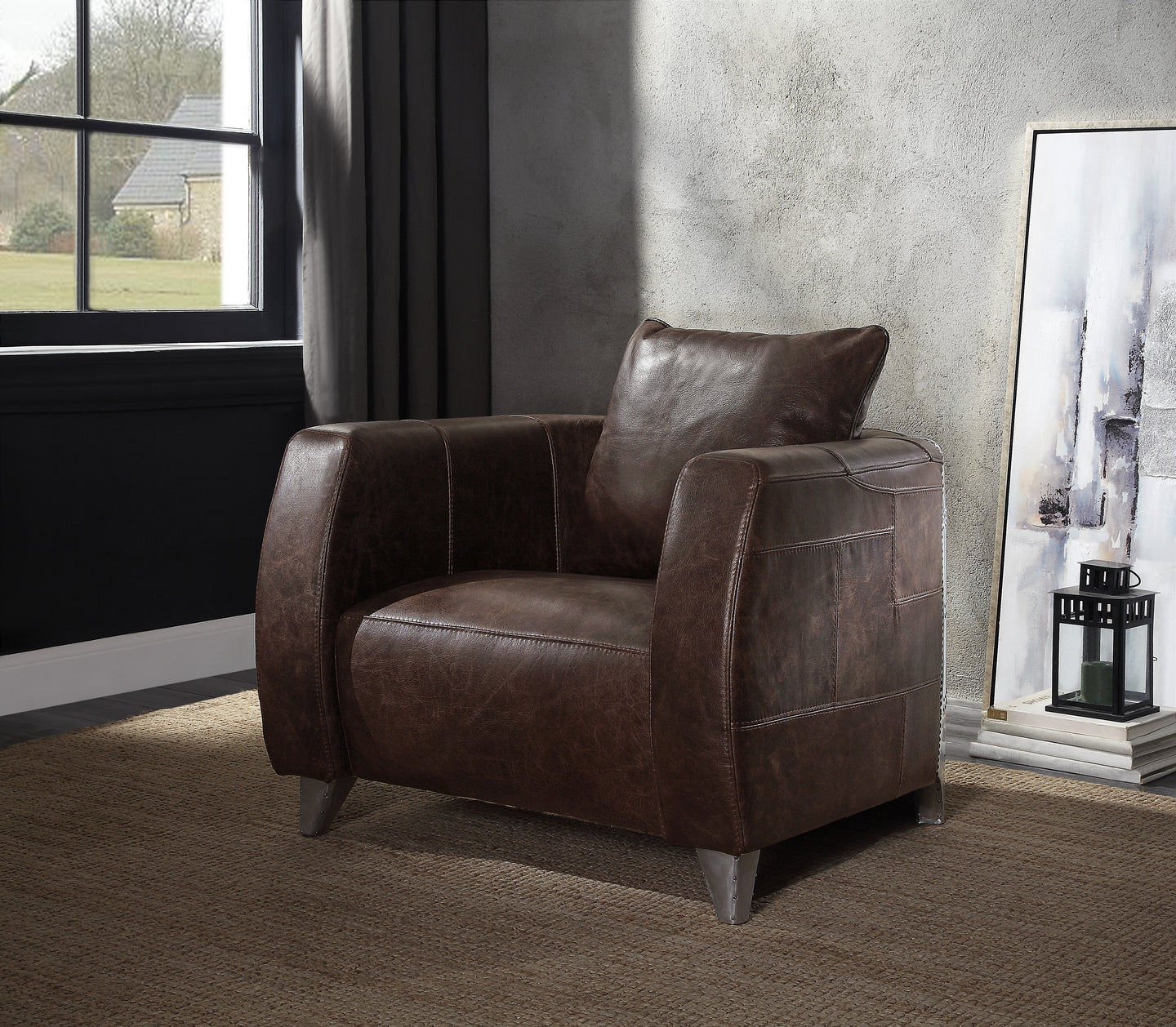 Kalona Distress Chocolate Top Grain Leather & Aluminum Accent Chair