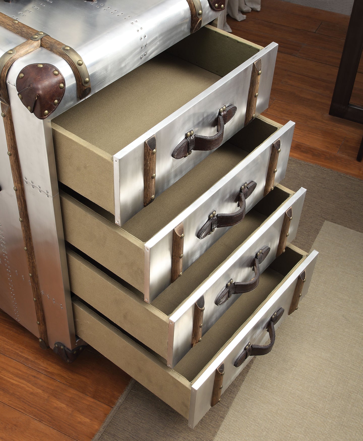 Brancaster Aluminum & Vintage Brown Top Grain Leather Trunk Cabinet