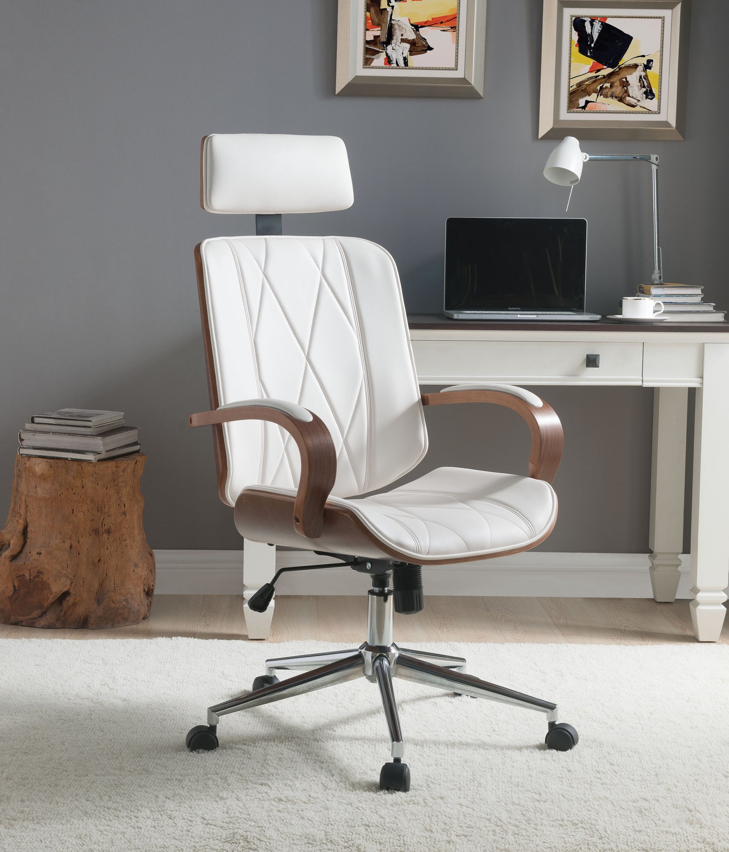 Yoselin White PU & Walnut Office Chair