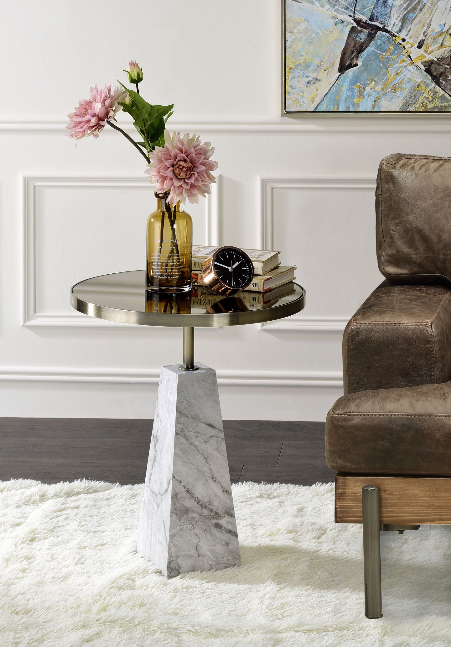 Galilahi Mirrored, Faux Marble & Antique Gold Side Table