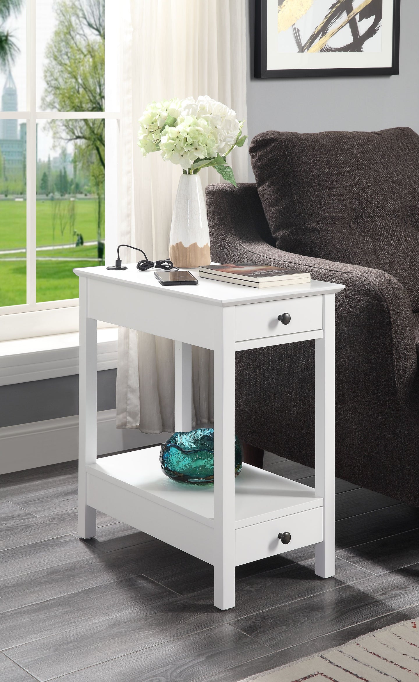 Byzad White Side Table (USB Charging Dock)